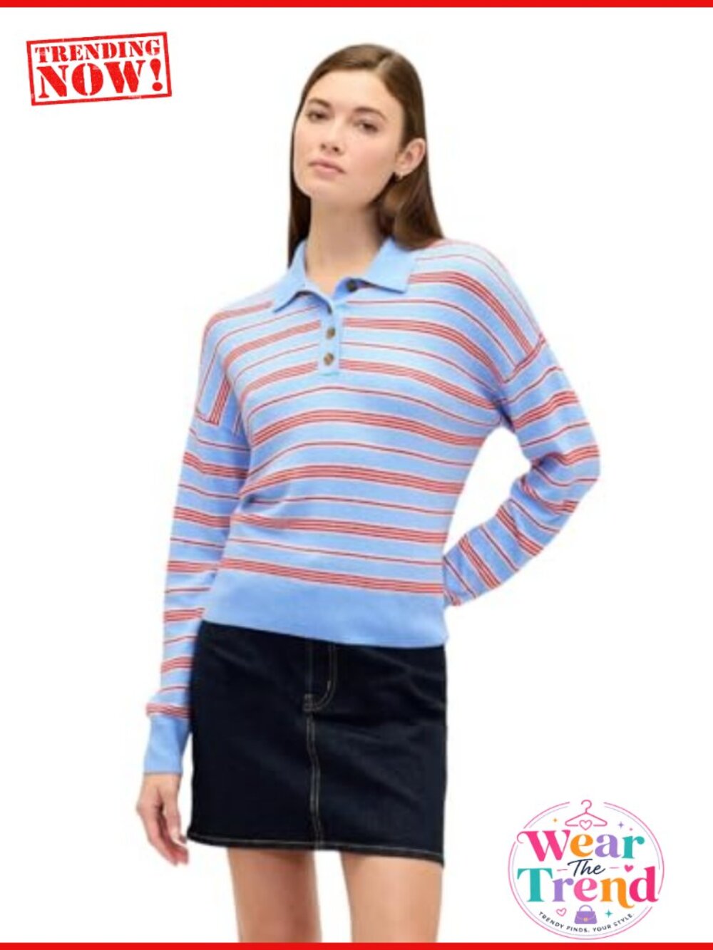 Polo Collar Pullover Sweater Striped Long Sleeve Casual